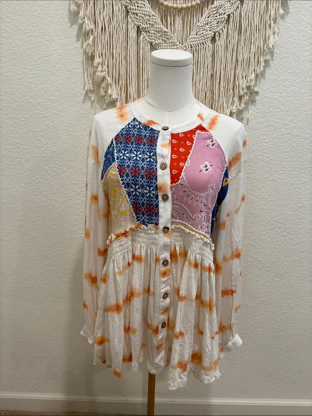 Free People White Orange Tie-Dye Patchwork Button Front Blouse